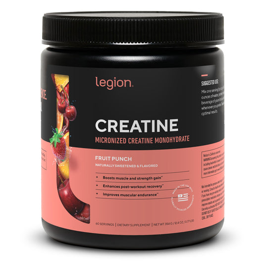 LEGION creatina envase frontal mostrando la marca y beneficio de absorción mejorada