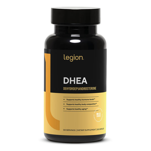 LEGION DHEA 50mg envase: apoyo al bienestar general con dosis diaria estable.