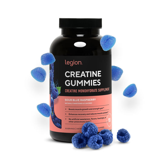 Envase frontal LEGION Creatine Gummies mostrando diseño y sabor Raspberry