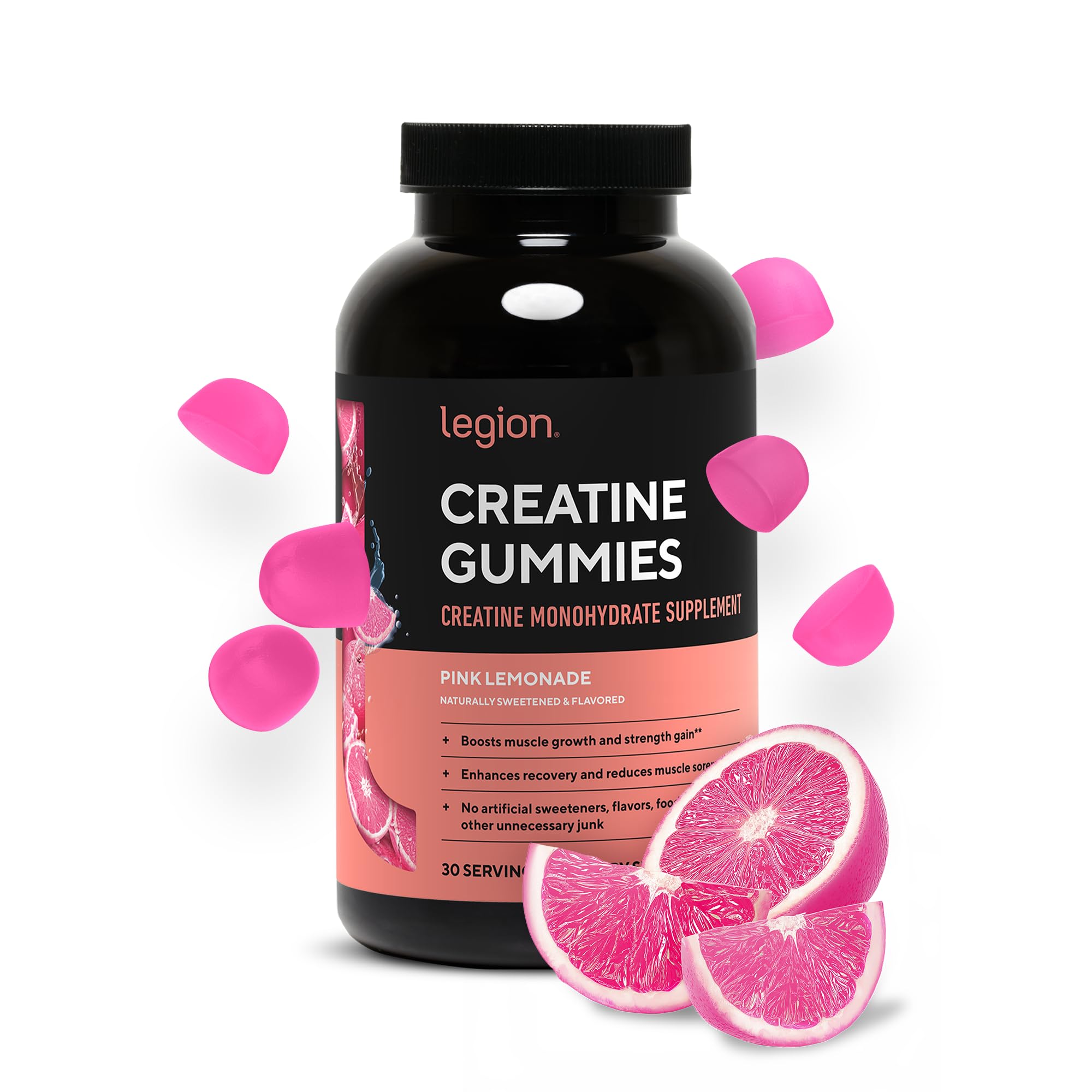 LEGION gominolas creatina vista frontal con envase, conveniencia diaria