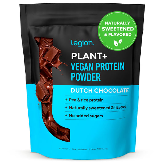 LEGION envase frontal Plant+ chocolate muestra proteína vegana y beneficios