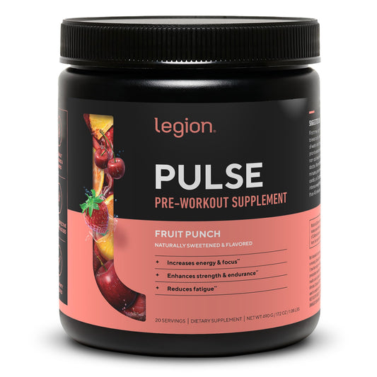 LEGION Pulse bottle front showing clean energy support for workouts