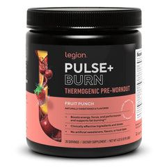 LEGION Pulse+ Burn frente del envase mostrando diseño y sabor Fruit Punch, confianza de marca