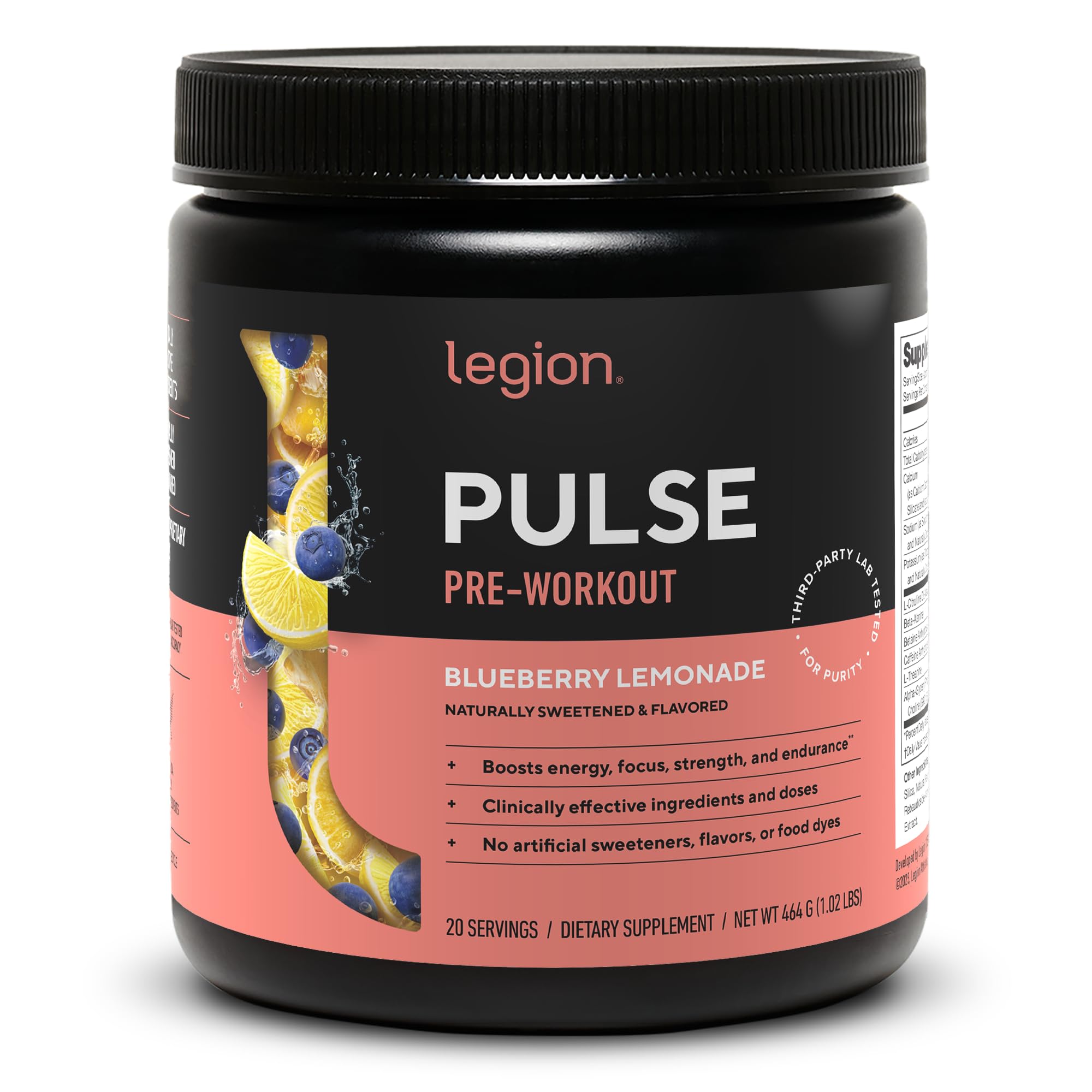 LEGION frasco Pulse frontal mostrando diseño y sabor blueberry lemonade, confianza visual