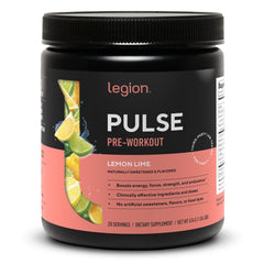 LEGION Pulse frontal del envase mostrando sabor Lemon Lime y beneficios visibles