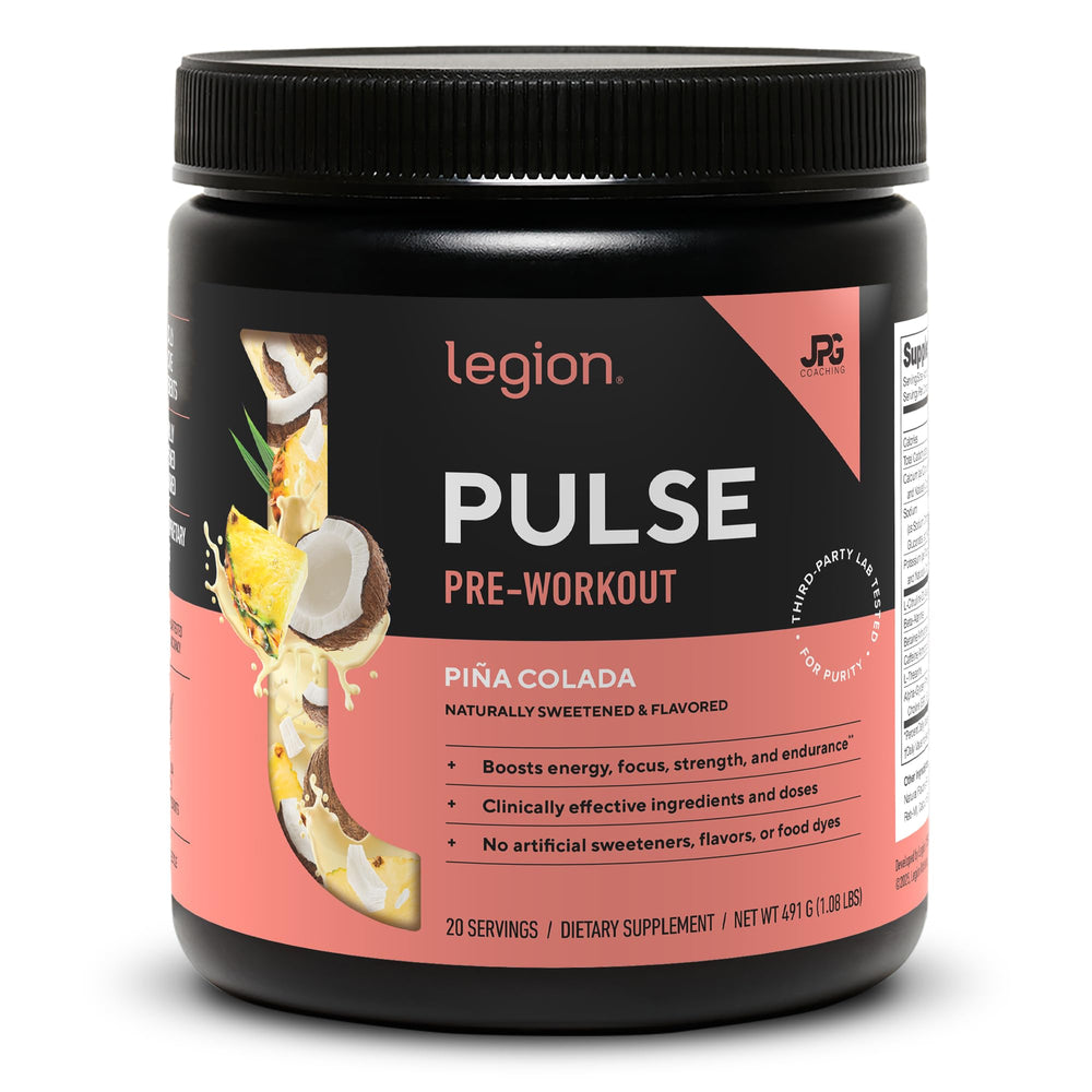 LEGION Pulse frente del envase mostrando sabor piña colada y beneficios