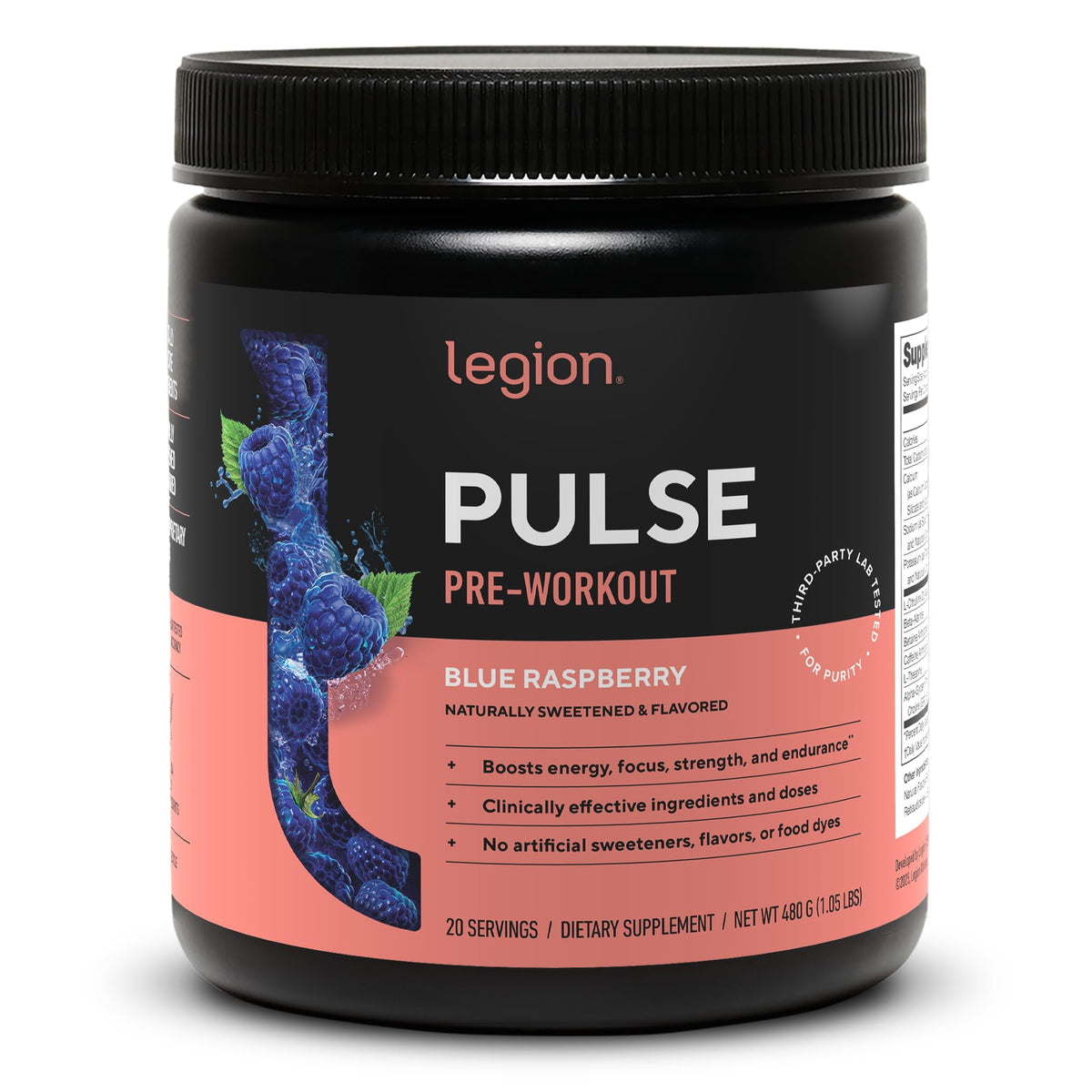 LEGION Pulse vista frontal del envase con diseño y sabor azul frambuesa