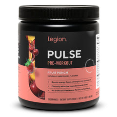 LEGION Pulse frente del tarro mostrando el envase y el sabor Fruit Punch para entrenamiento