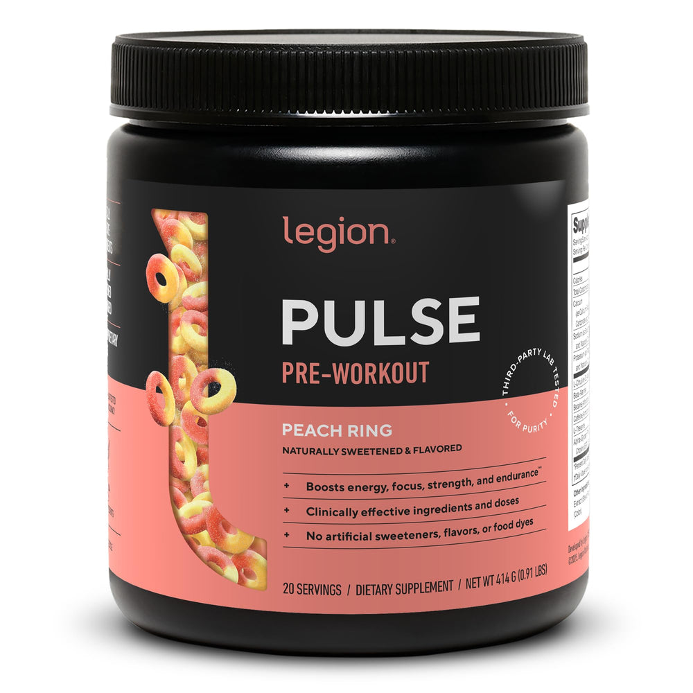 Envase frontal de LEGION Pulse sabor Peach mostrando diseño y tamaño del producto