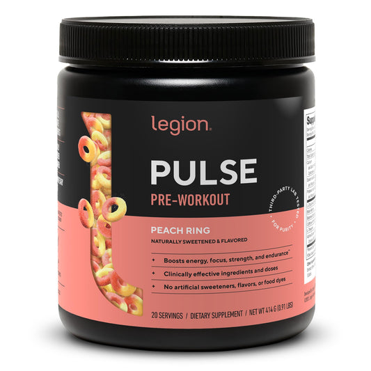 Envase frontal de LEGION Pulse sabor Peach mostrando diseño y tamaño del producto