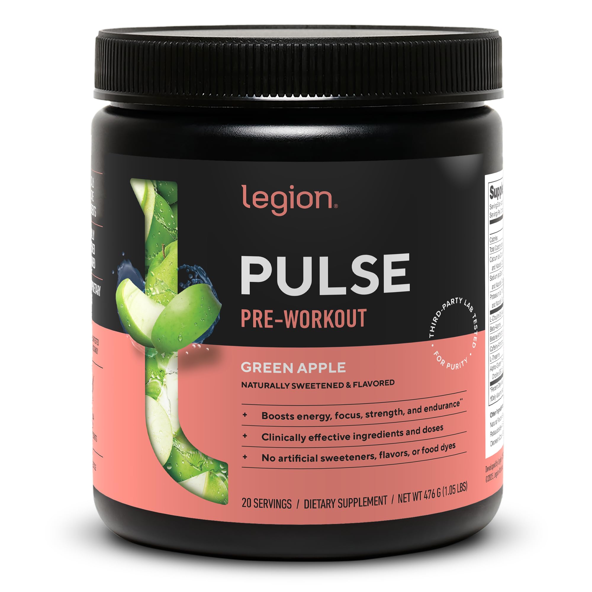 LEGION bote frontal Green Apple mostrando el envase y beneficios visibles