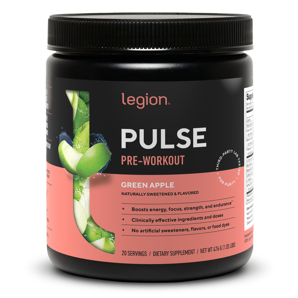 LEGION bote frontal Green Apple mostrando el envase y beneficios visibles