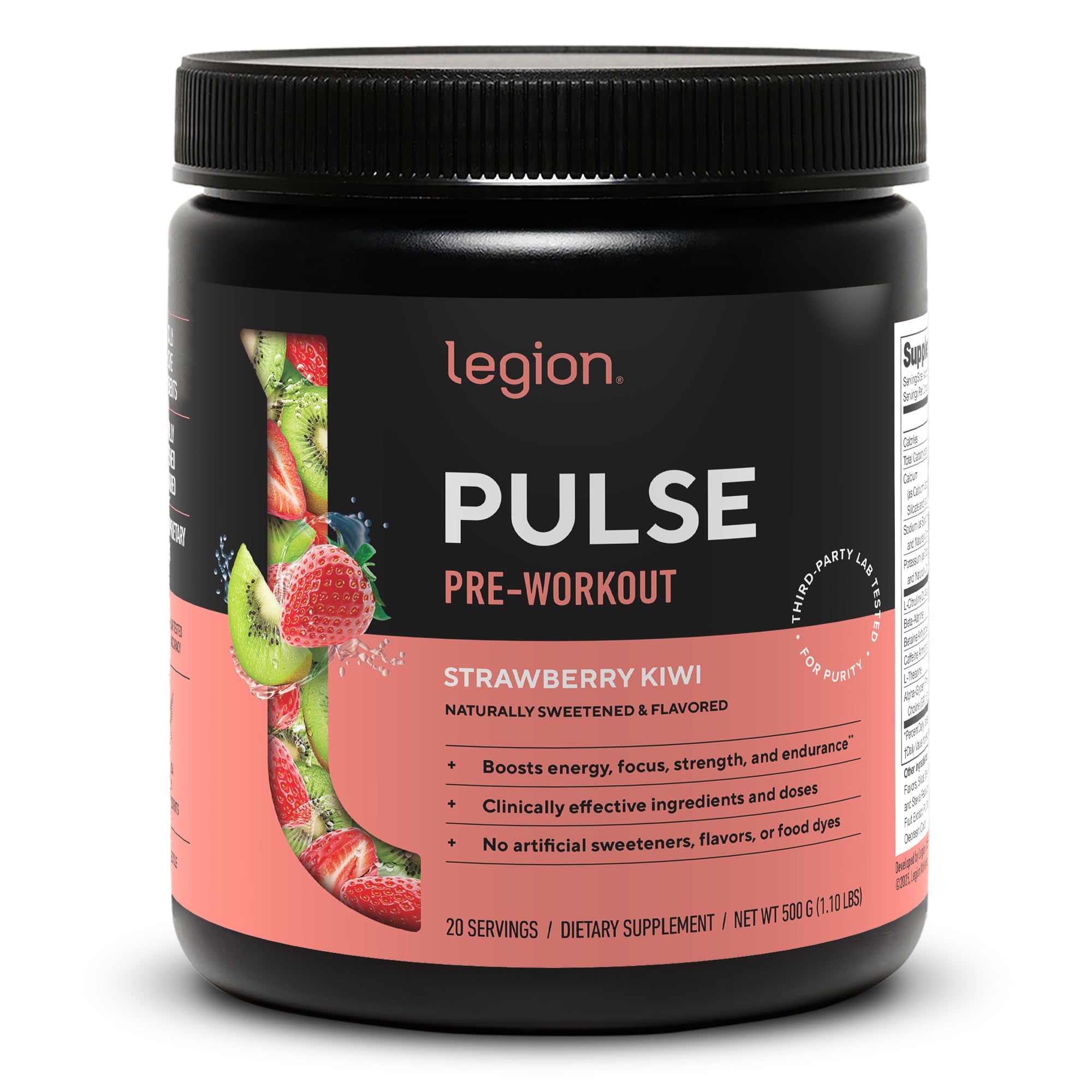 LEGION Pulse vista frontal del envase mostrando sabor fresa kiwi y diseño atractivo