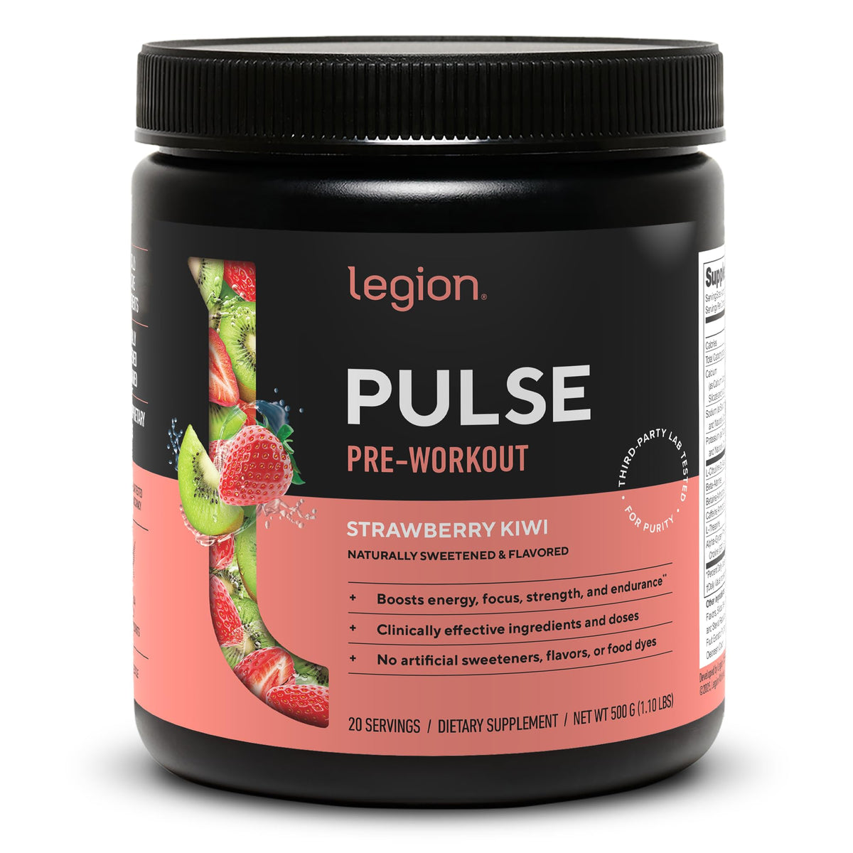 LEGION Pulse vista frontal del envase mostrando sabor fresa kiwi y diseño atractivo