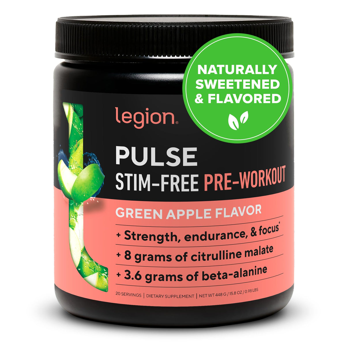 LEGION Pulse pre workout bottle closeup showing stimulant-free formula for focused workouts.