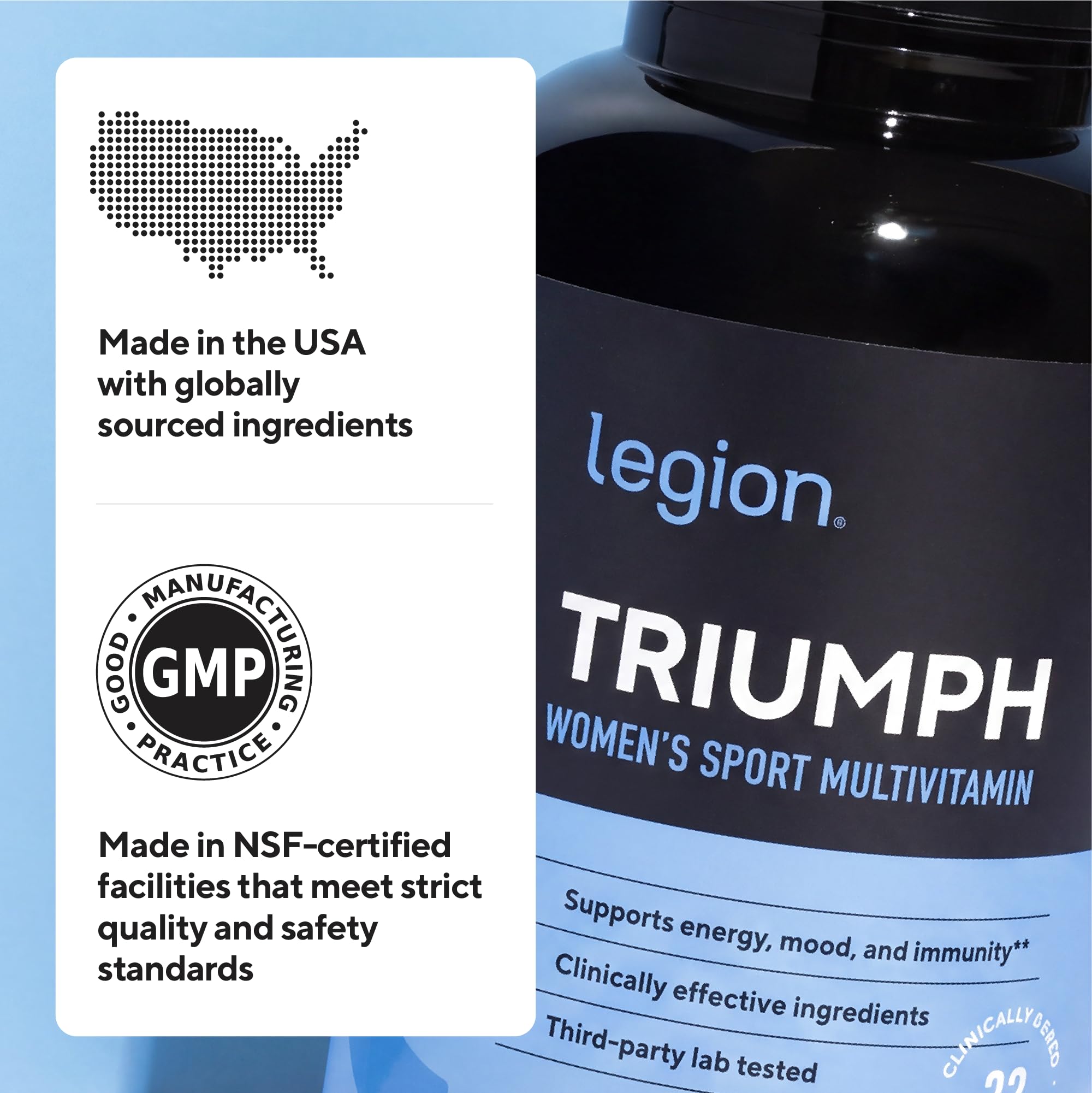 LEGION frasco Triumph junto a alimentos para complementar dieta