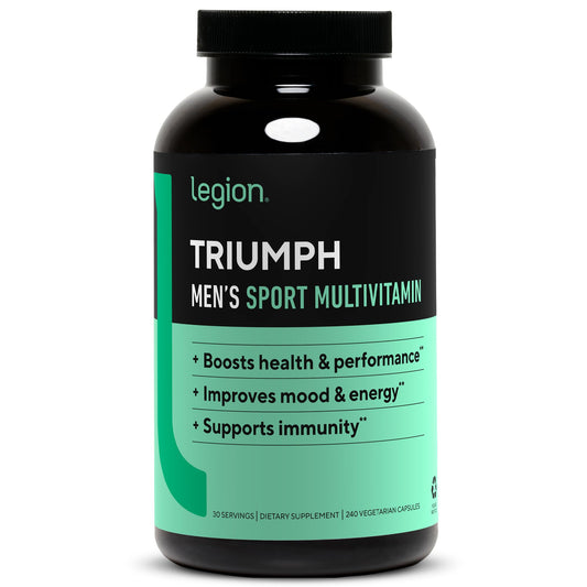 LEGION Triumph multivitamina para hombres, botella visible, apoyo diario de energía.