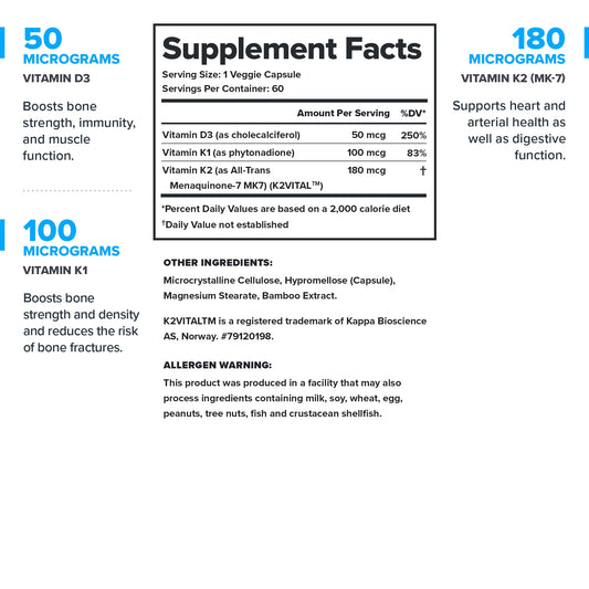 LEGION Vitamin D3 K2 label shows per-serving amounts for bone and heart support