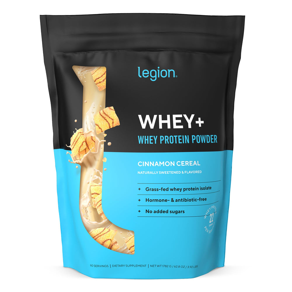 LEGION Whey+ en envase de 60 porciones para recuperación muscular.