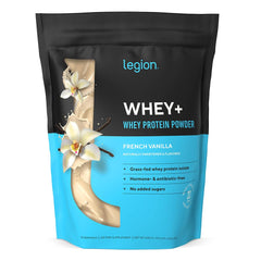 LEGION Whey+ bottle front closeup showing grass-fed whey protein for clean fuel