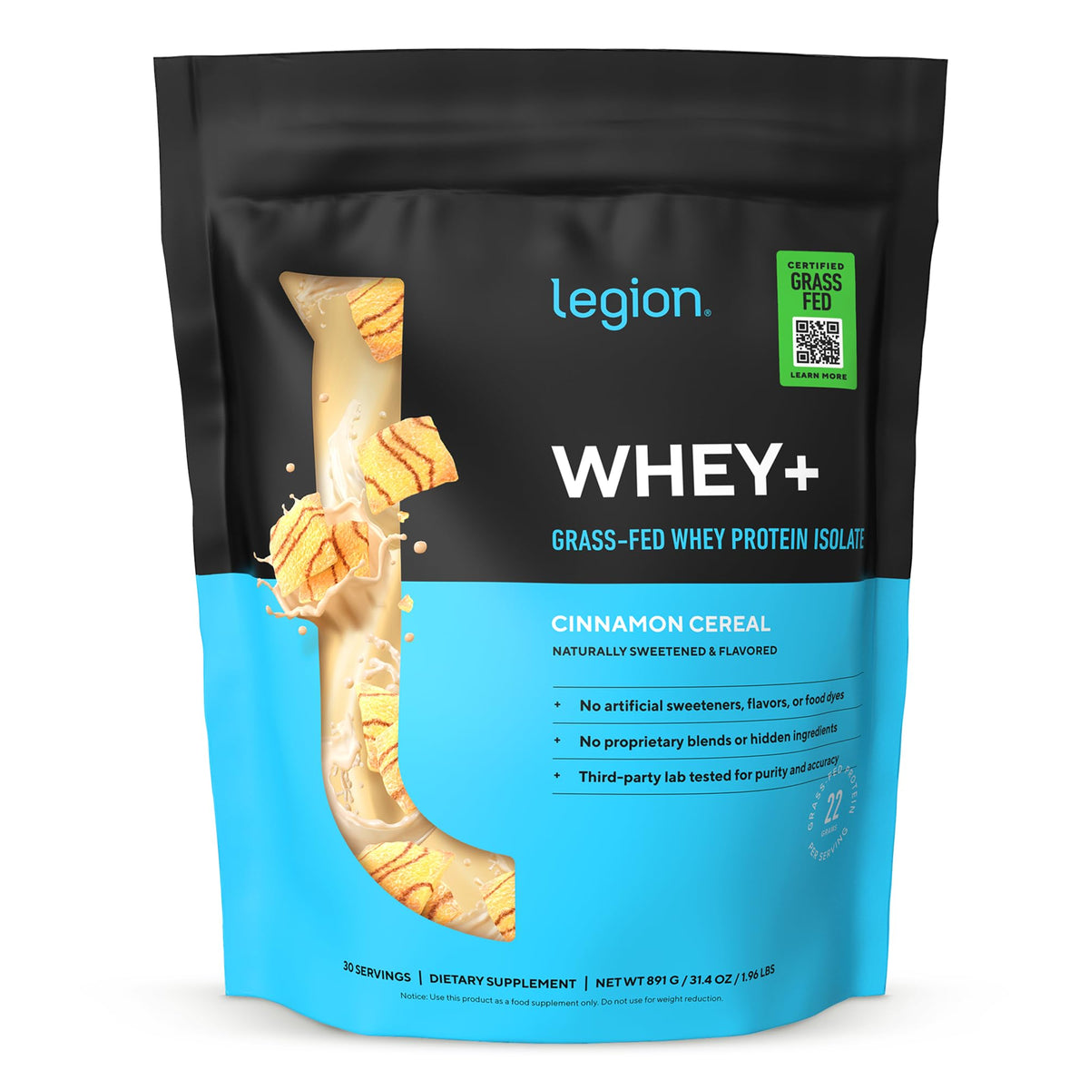 LEGION empaque frontal mostrando Cinnamon Cereal y beneficios claros