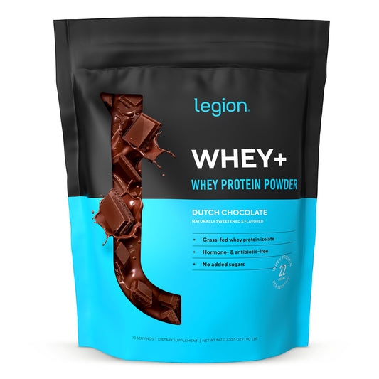 LEGION Whey+ bottle showing grass-fed protein powder with a clean label