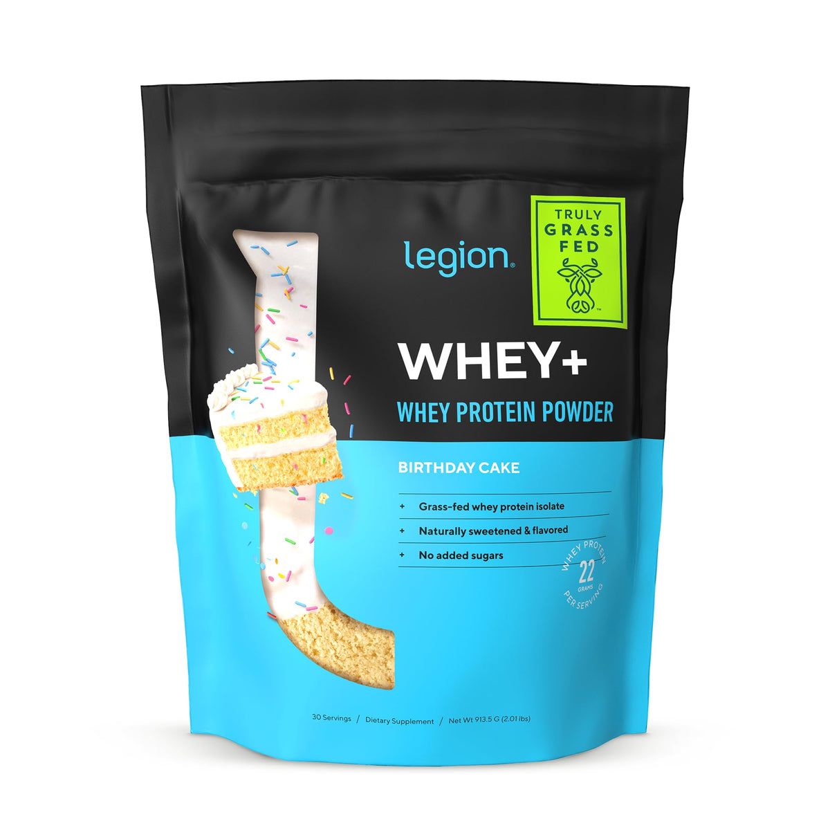 LEGION Whey+ bottle highlights grass-fed whey isolate for clean protein.