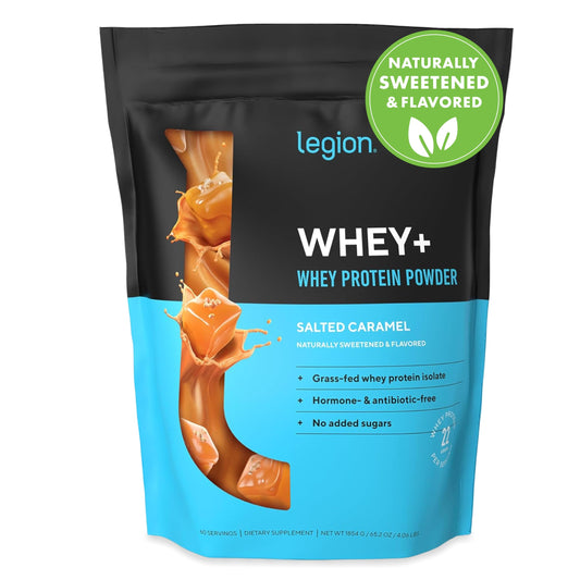 LEGION Whey+ protein tub front showing grass-fed milk promise for clean fueling.