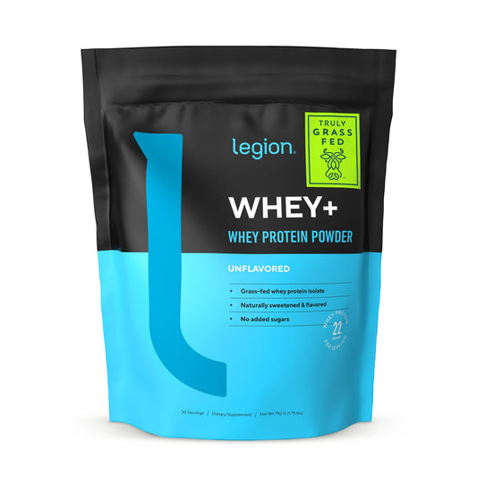 LEGION Whey+ tub front label shows grass-fed whey isolate for clean protein