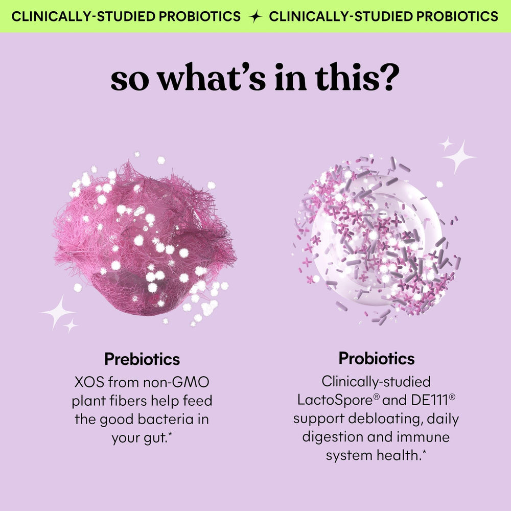 Ilustración de ingredientes Lemme con prebiótico XOS y probióticos clínicos
