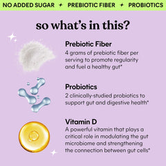 Detalle de la etiqueta nutricional Lemme mostrando fibra, probióticos y vitamina D3