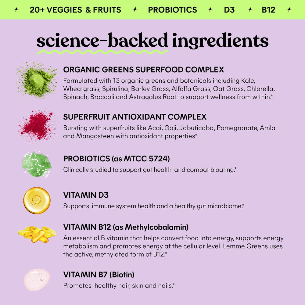 Lemme ingredientes verdes frescos y superfrutas, sugiere nutrición concentrada