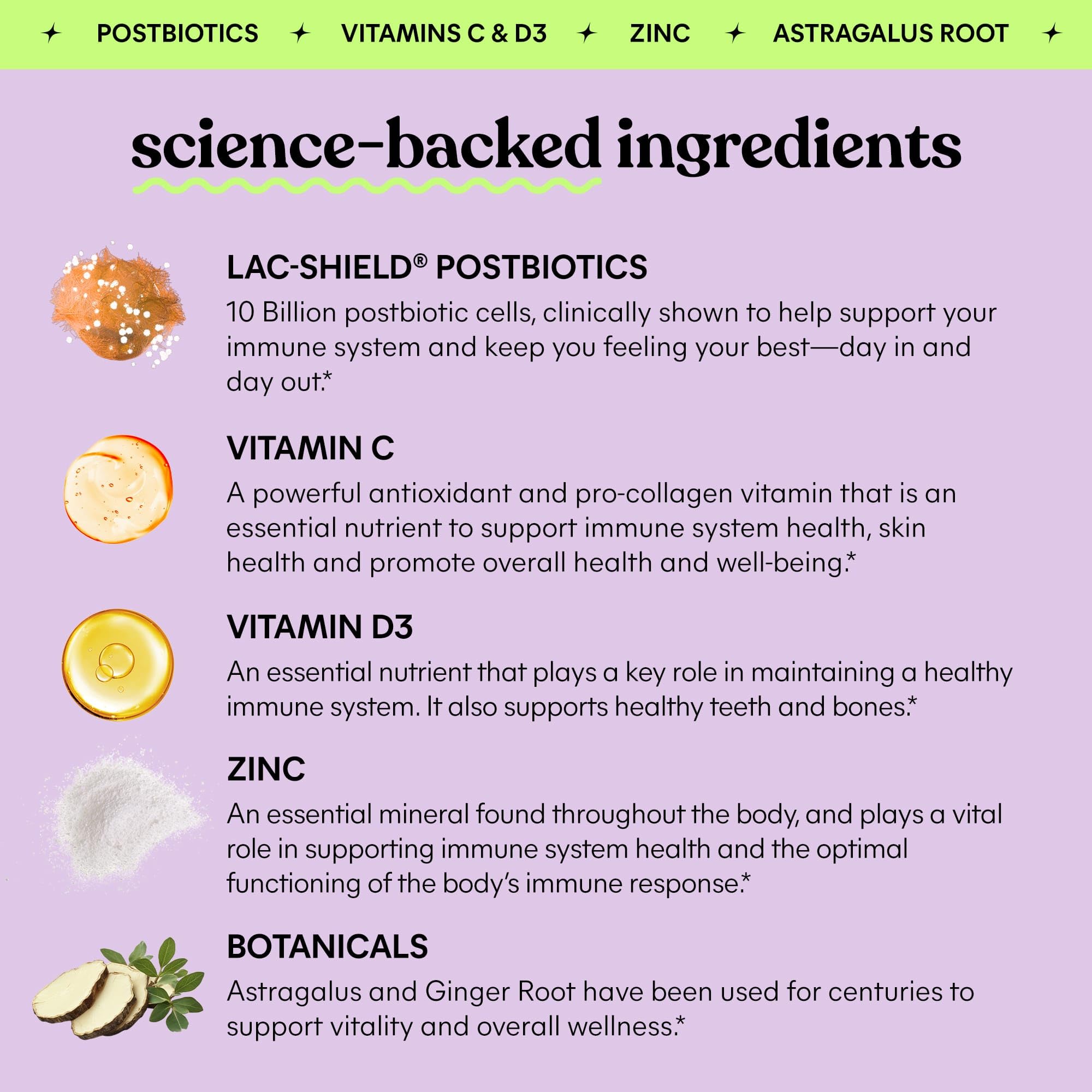 Etiqueta de Lemme Immunity con lista de ingredientes y beneficios clave visibles para transparencia