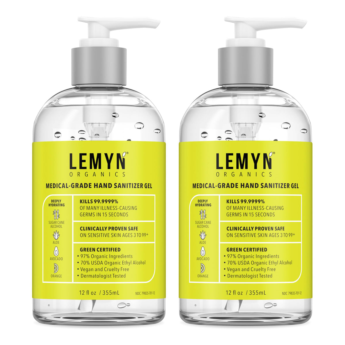 Lemyn Organics bote frontal 12oz mostrando etiqueta y aroma cítrico