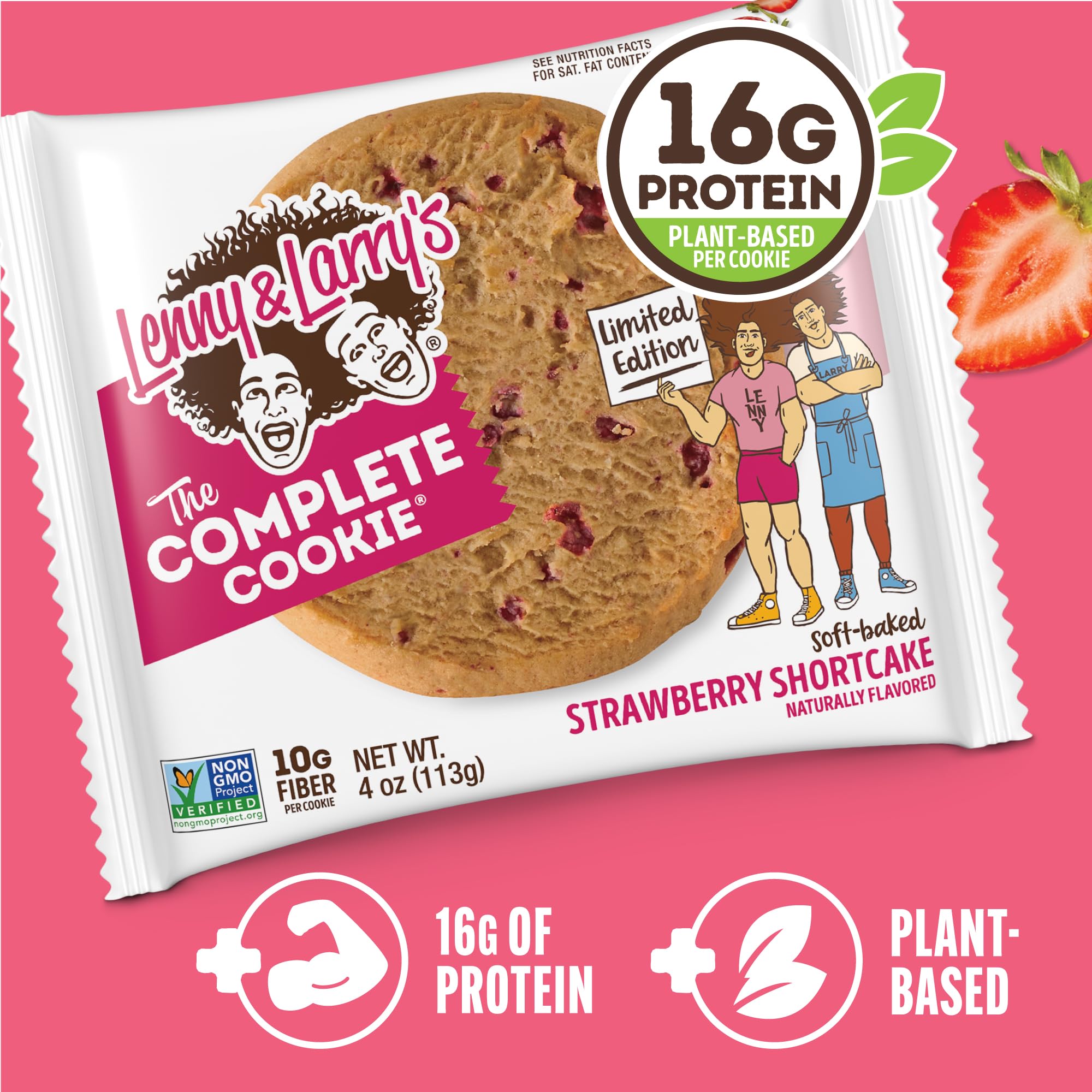 Lenny & Larry's primer plano de trozos de fresa y chips blancos que intensifican sabor