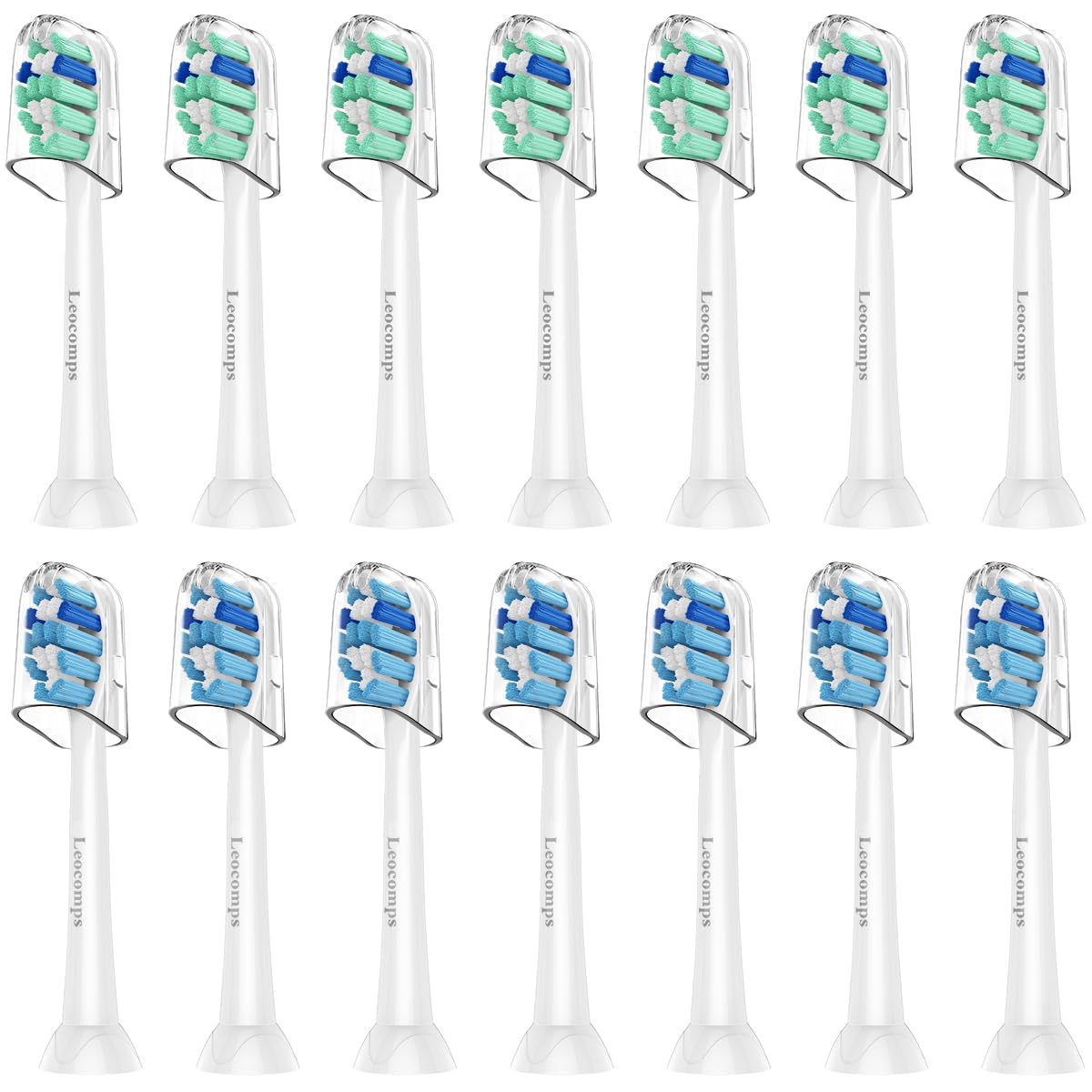 Leocomps empaque frontal mostrando cabezales y compatibilidad Click-on