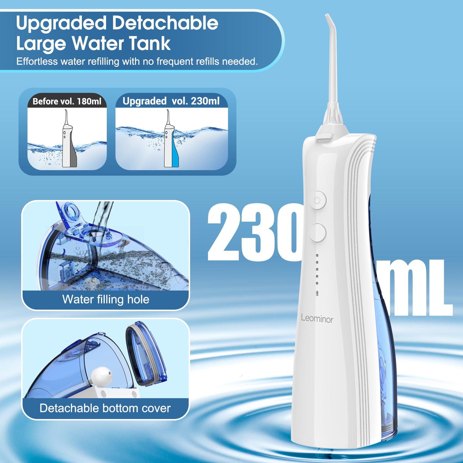 Leominor flosser boquilla en primer plano para limpieza precisa interdental