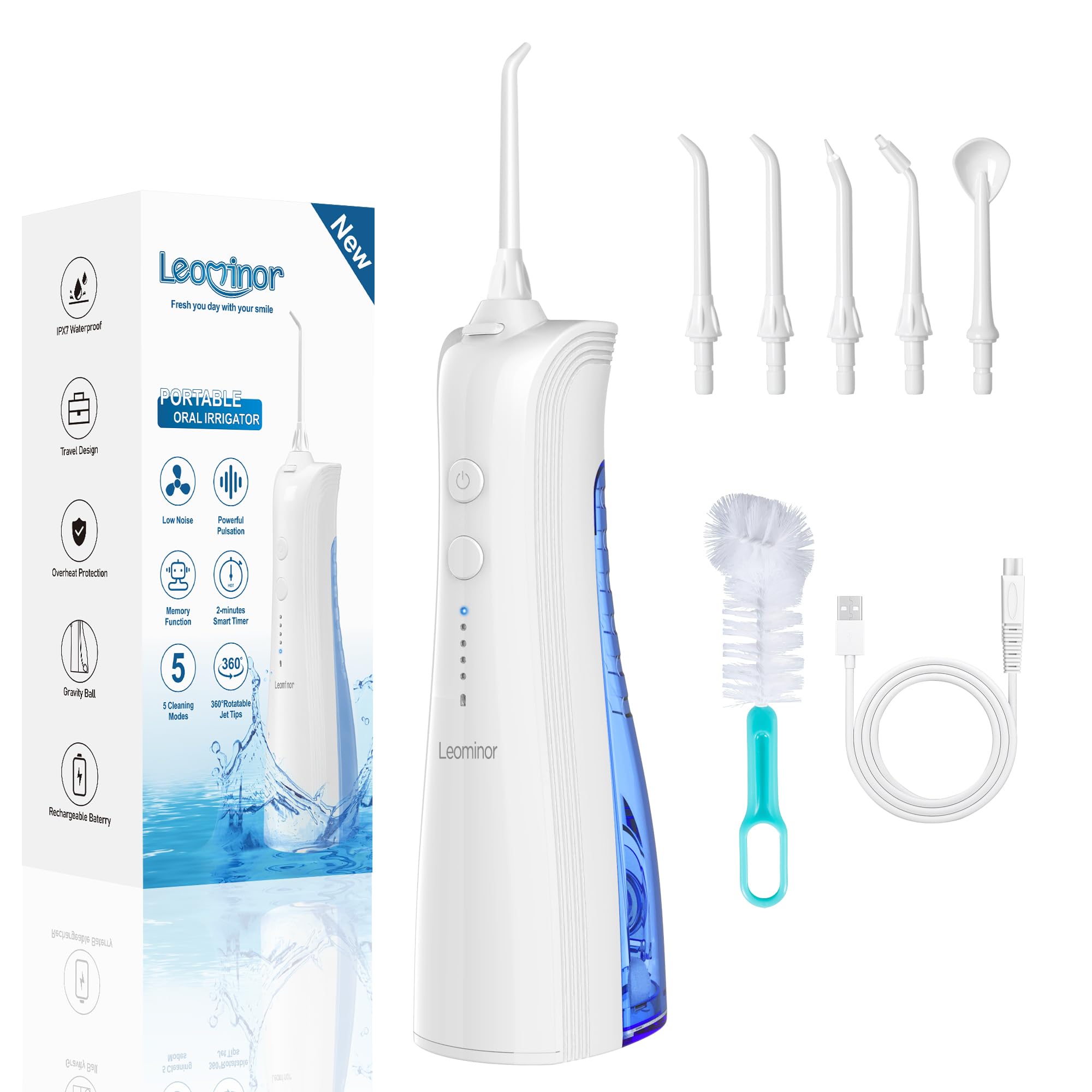 Leominor flosser frontal con diseño portátil y botón visible