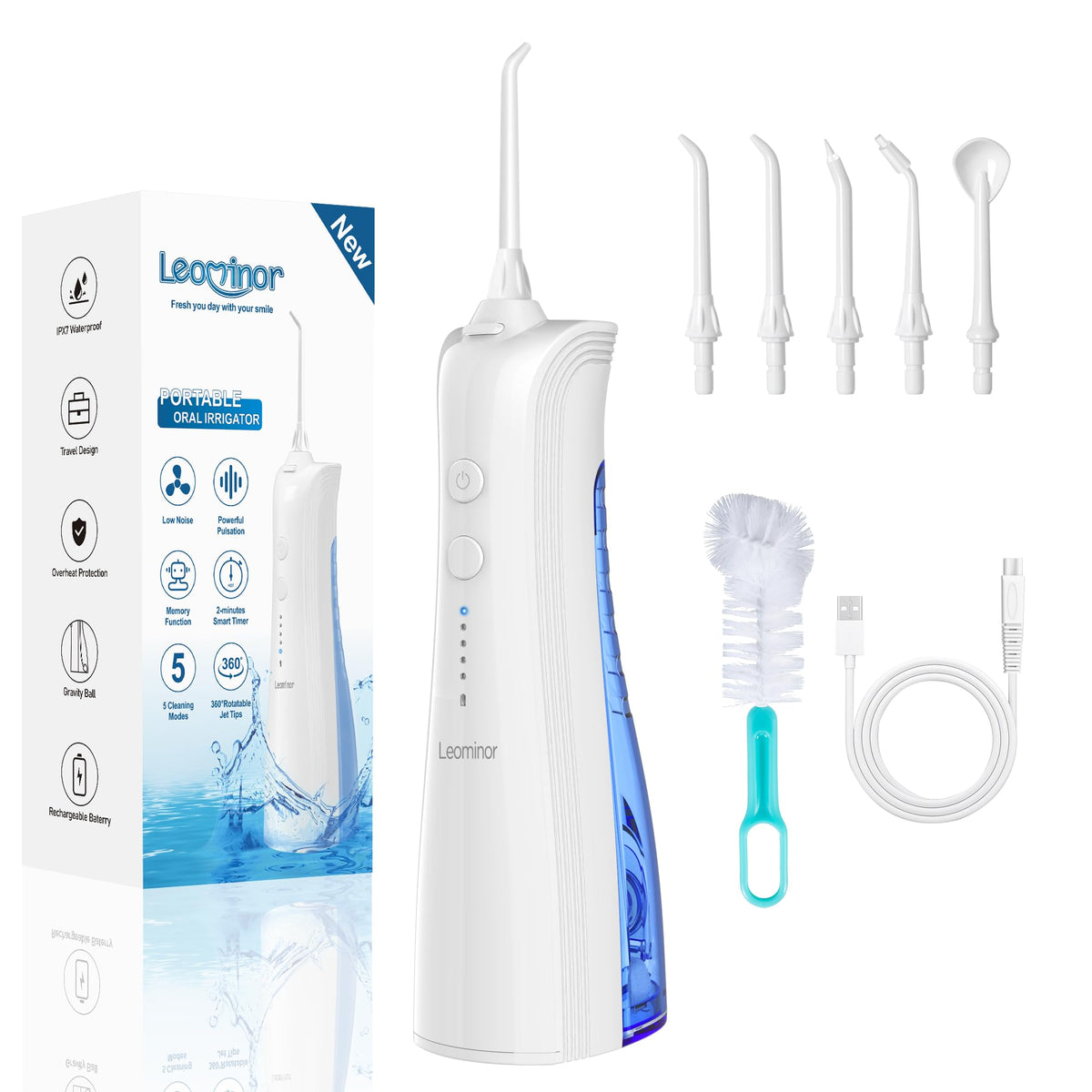 Leominor flosser frontal con diseño portátil y botón visible
