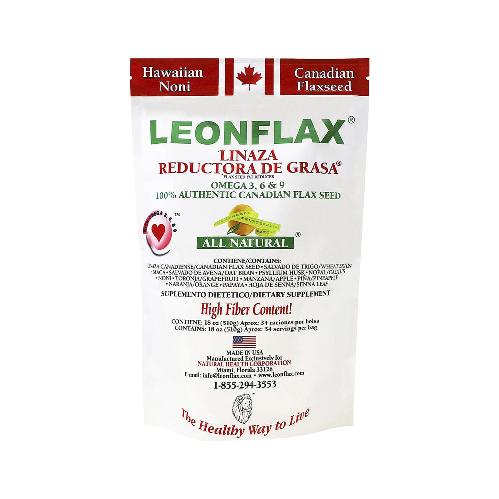 Leonflax bolsa frontal 18 oz mostrando diseño y beneficios visibles