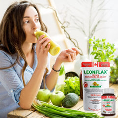 Leonflax botella junto a objetos para comparar tamaño y cantidad