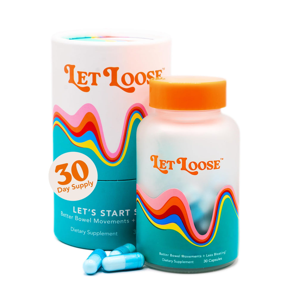 Let Loose vista frontal del paquete mostrando 30 cápsulas y beneficio relajación digestiva