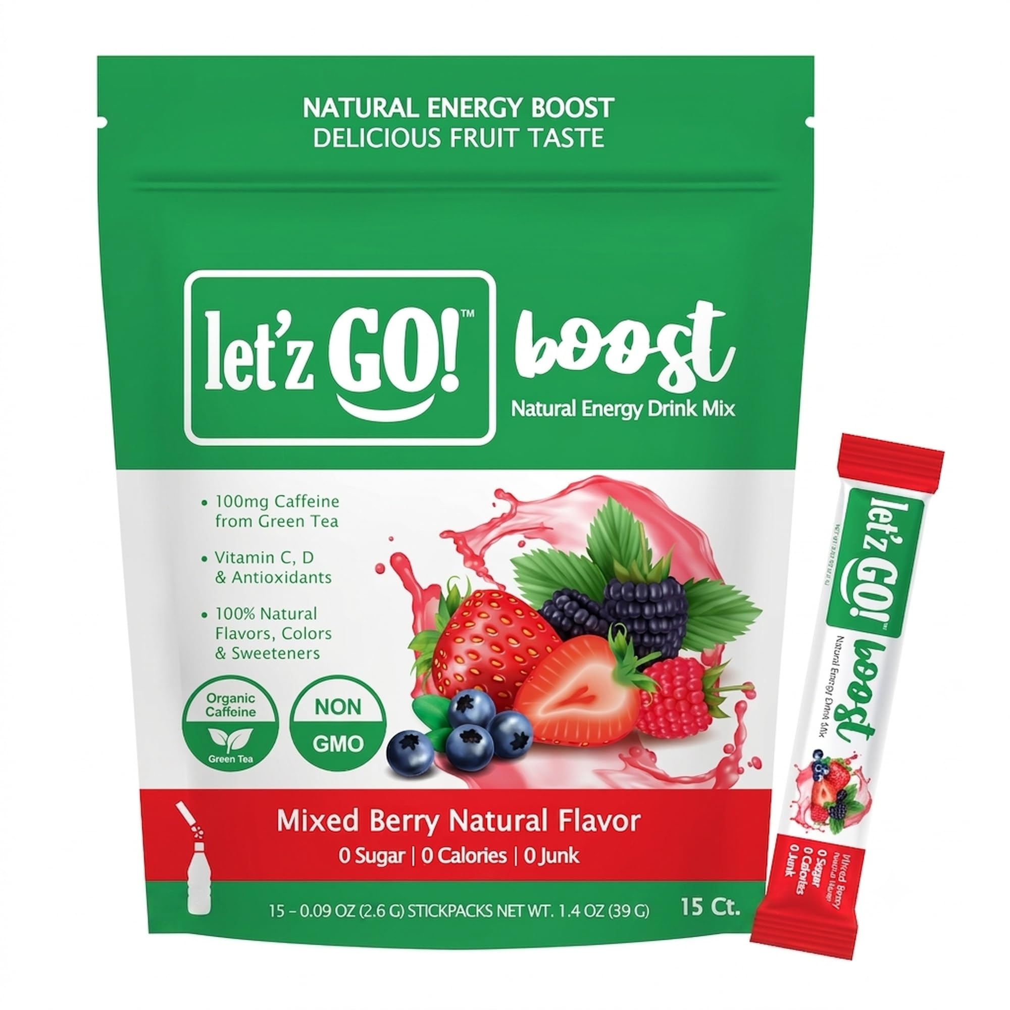Let'z Go! frontal del envase mostrando sabor Mixed Berry y conveniencia