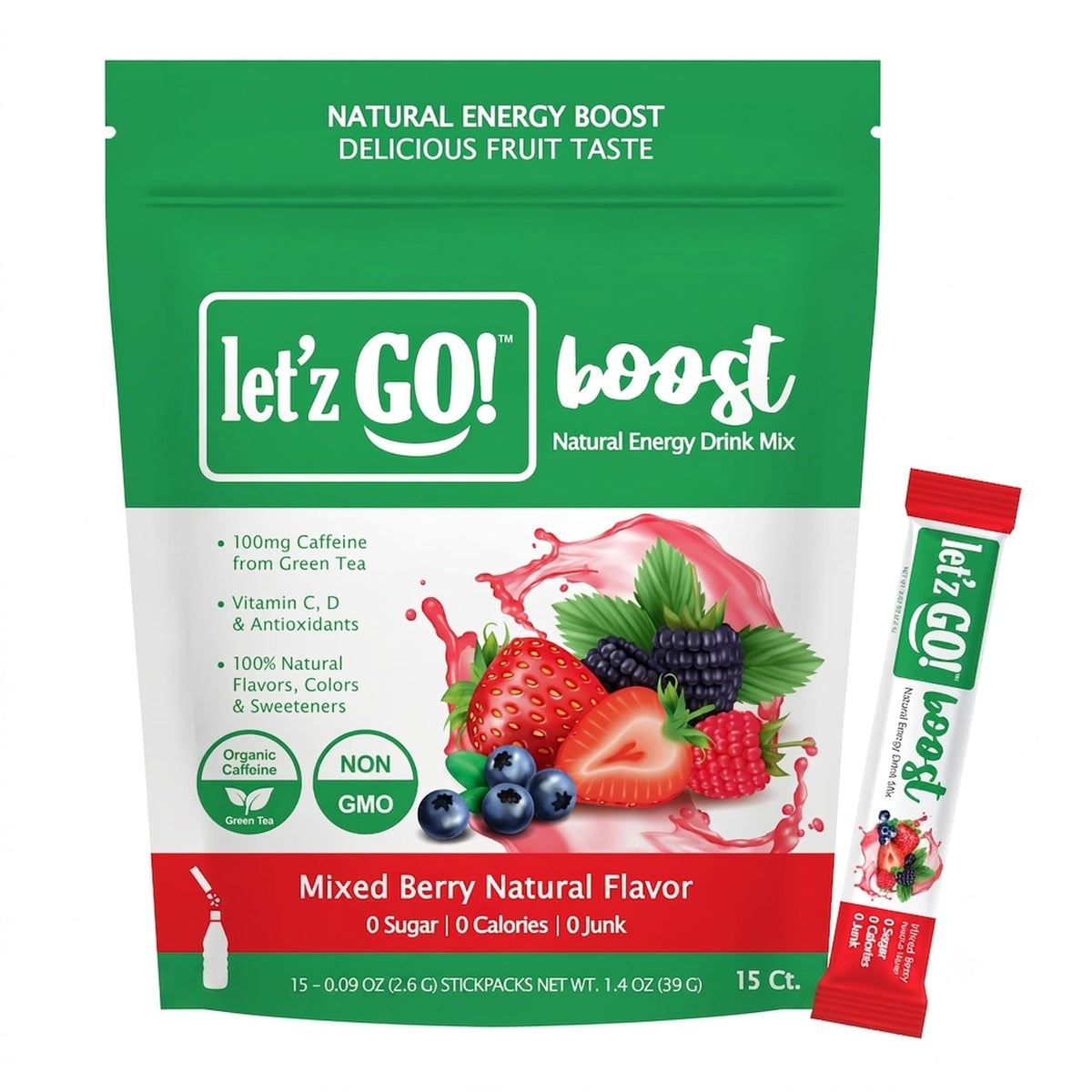 Let'z Go! frontal del envase mostrando sabor Mixed Berry y conveniencia