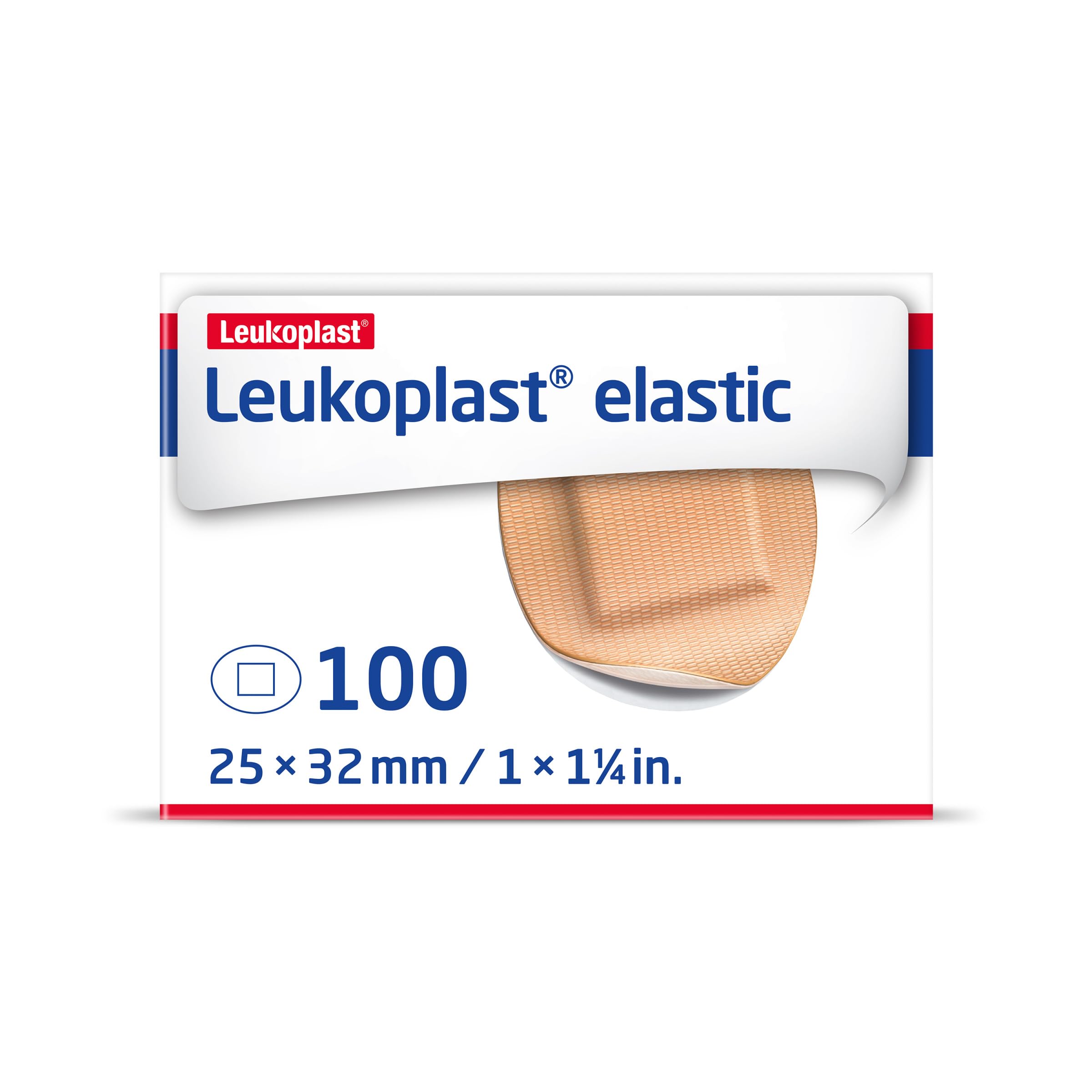 Leukoplast envase frontal mostrando caja de 100 vendajes y practicidad
