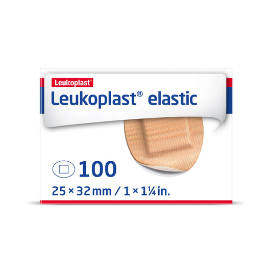 Leukoplast envase frontal mostrando caja de 100 vendajes y practicidad