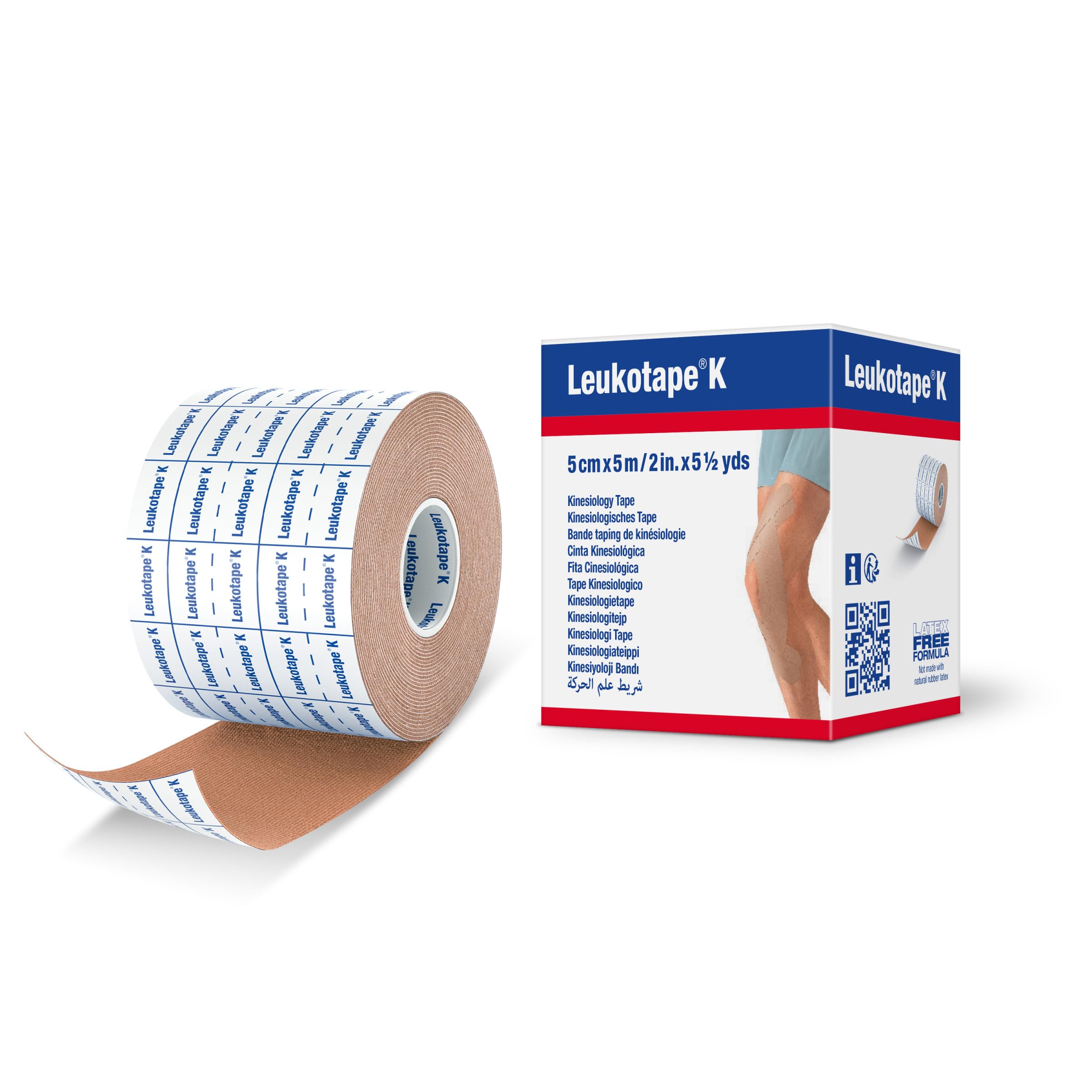 Leukotape K vista frontal del rollo mostrando tamaño y etiqueta, facilita elección de producto