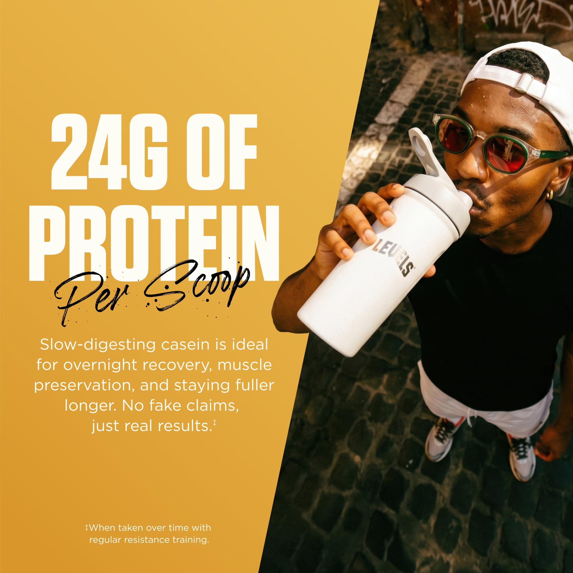 Levels etiqueta nutricional visible destacando 24g proteína por servicio