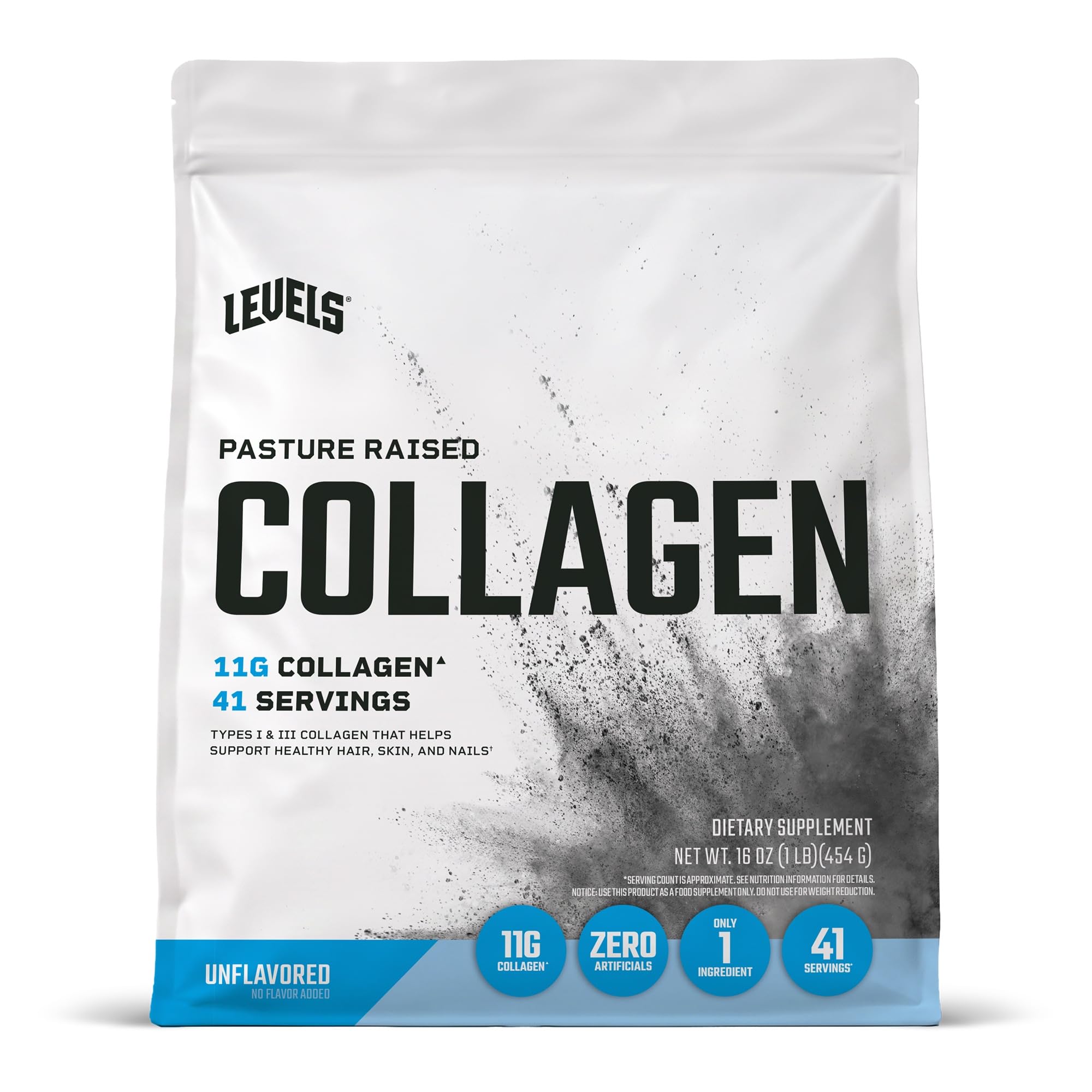 Envase frontal de Levels Nutrition Collagen Peptides sin sabor, presentación clara y limpia