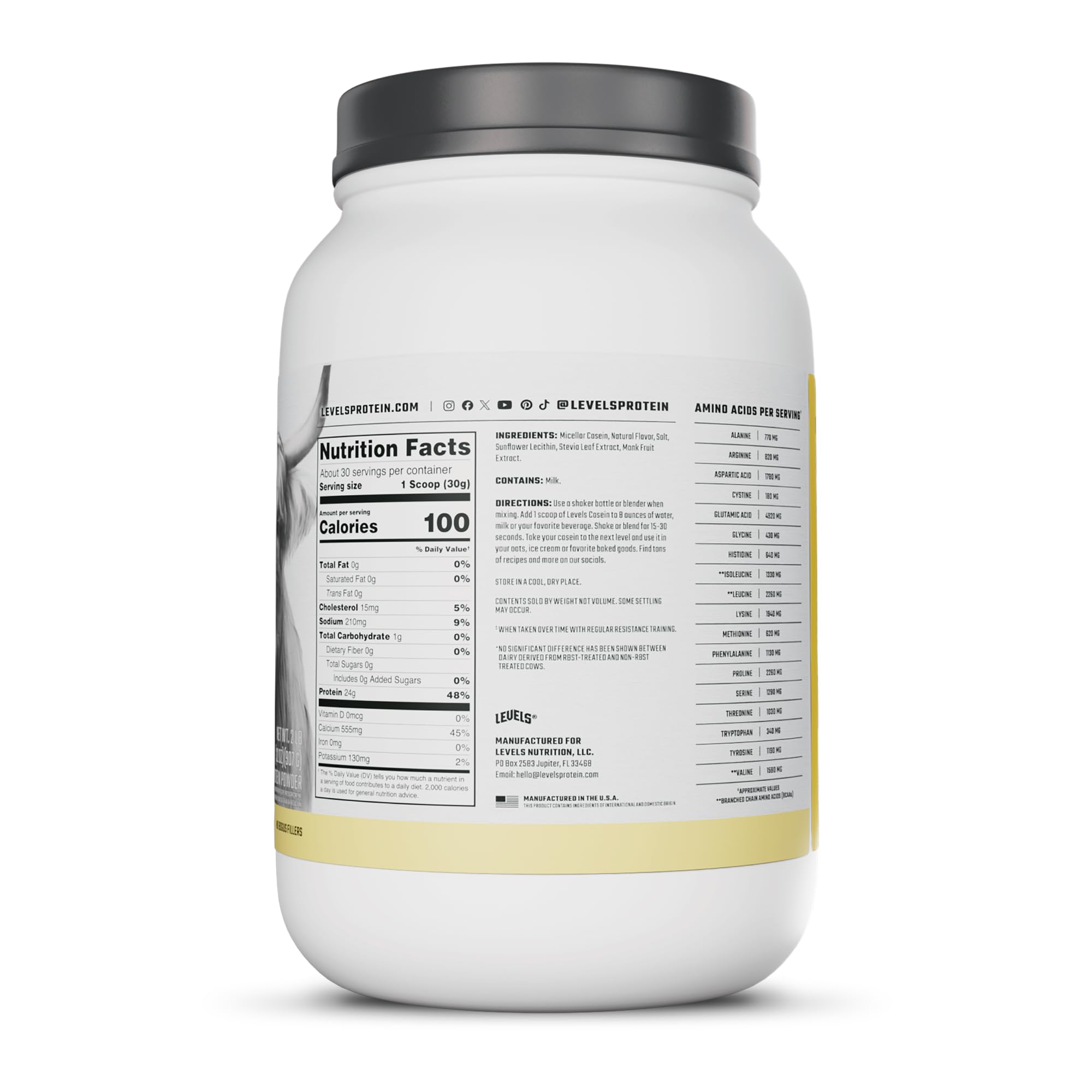 Levels envase 2LB en mano para comparar tamaño real del producto